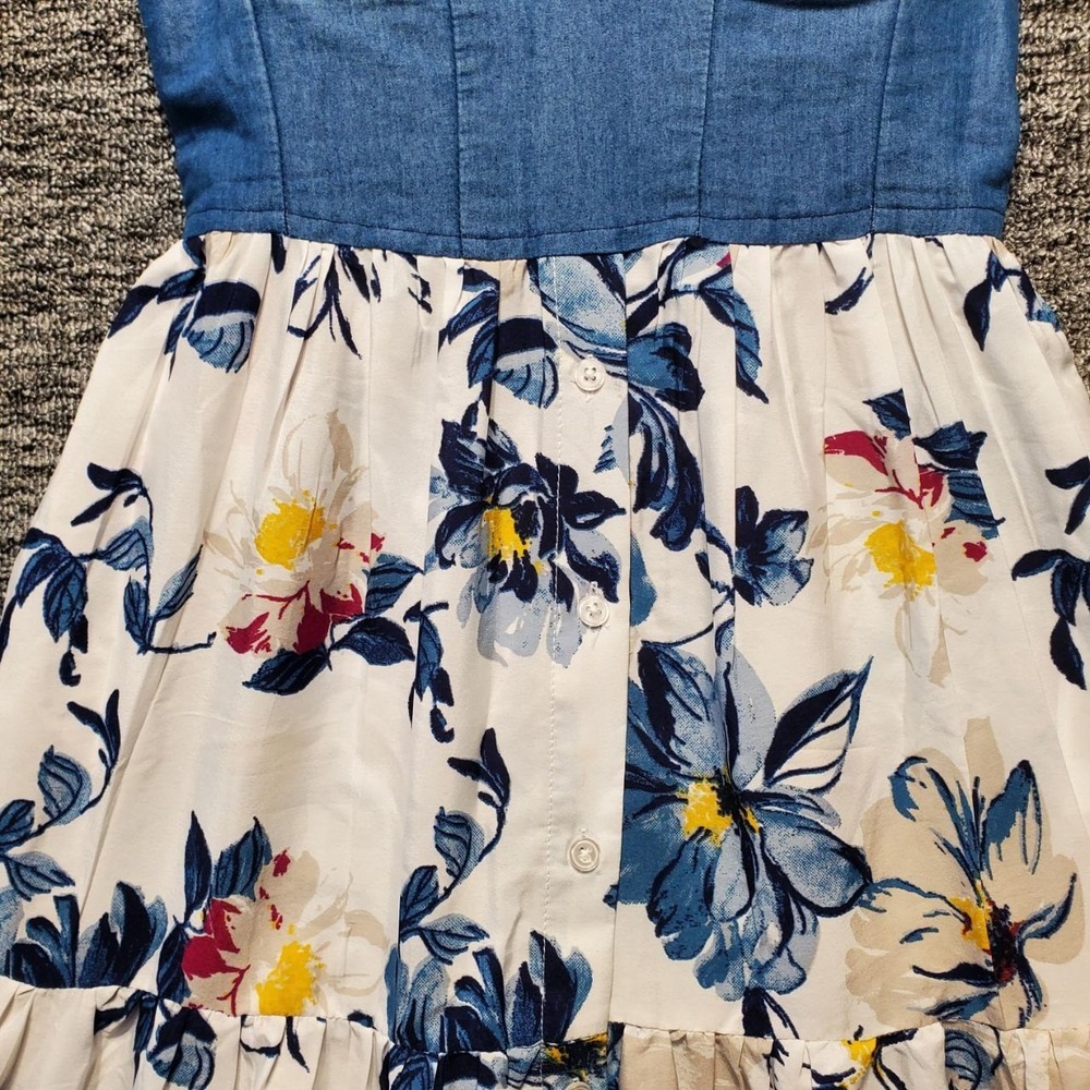 Band of the Free Midi Dress Women XS Ivory Blue Denim Floral Bustier Cottagecore - Picture 6 of 14